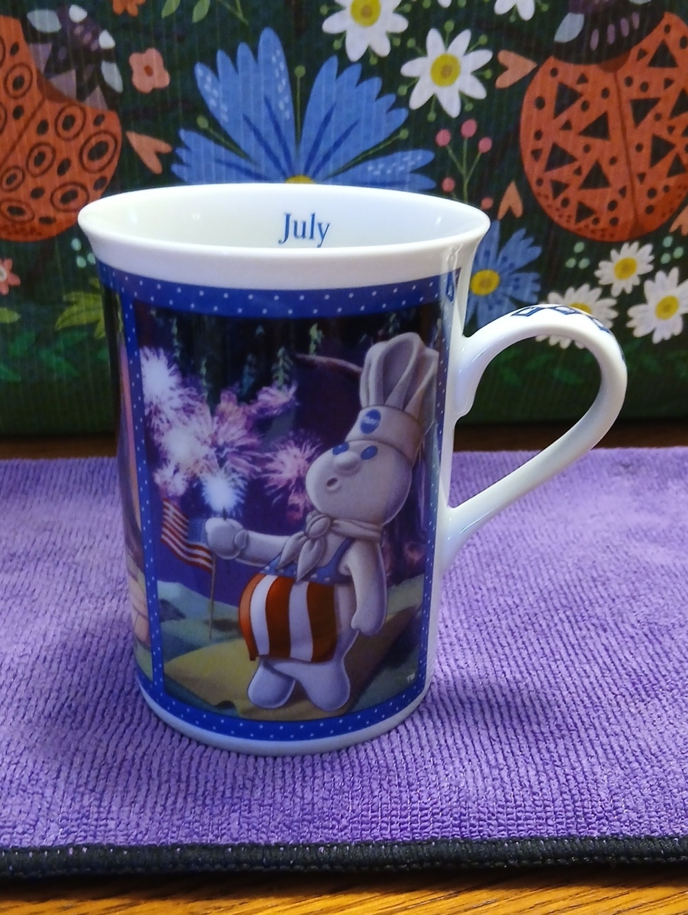 Danbury Mint July Ceramic Mug in Blue and White. Pillsbury Doughboy July Picnic